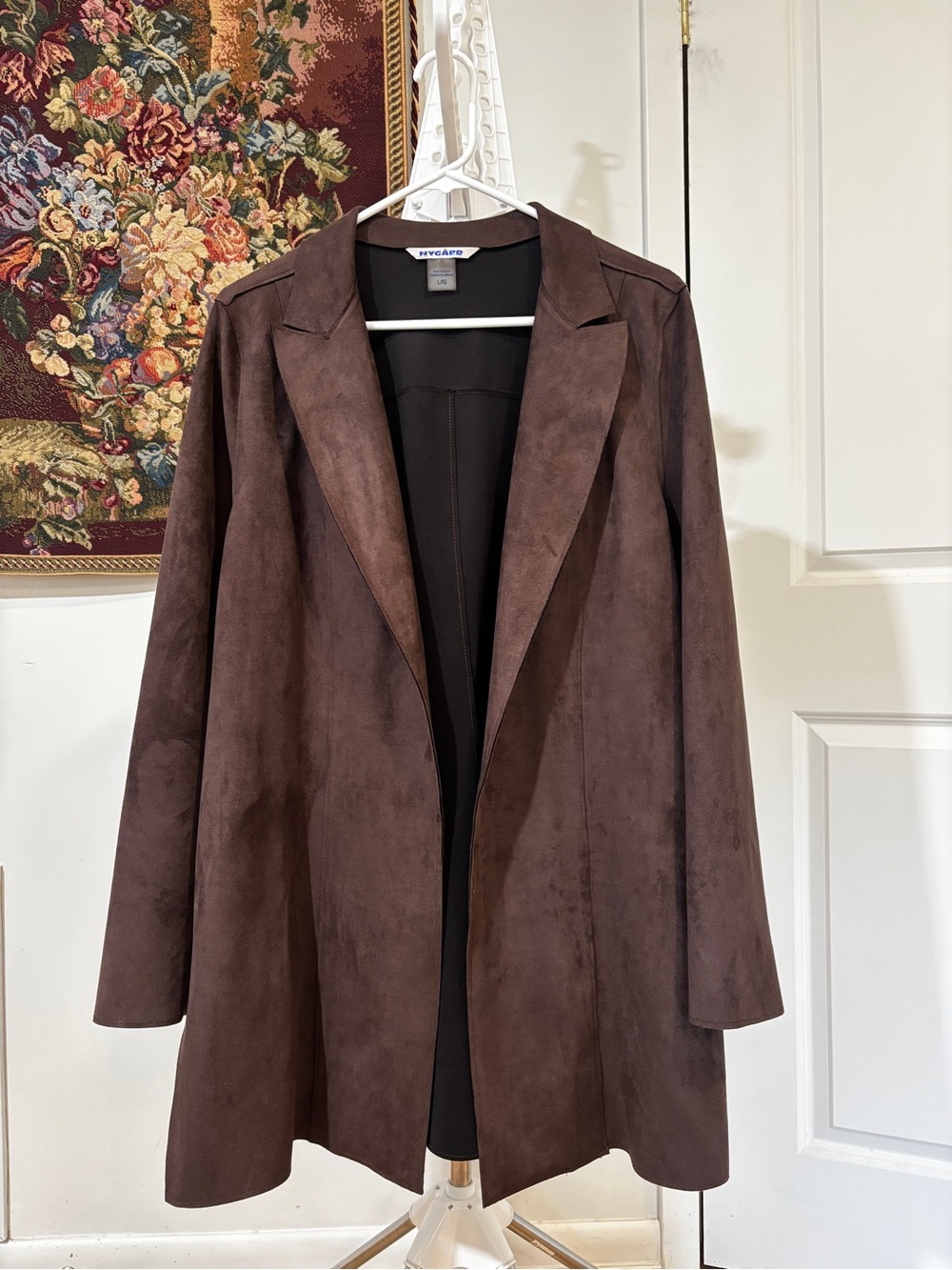 Nygard Chocolate Brown Faux Suede Long Jacket L Raw Edge Open Front